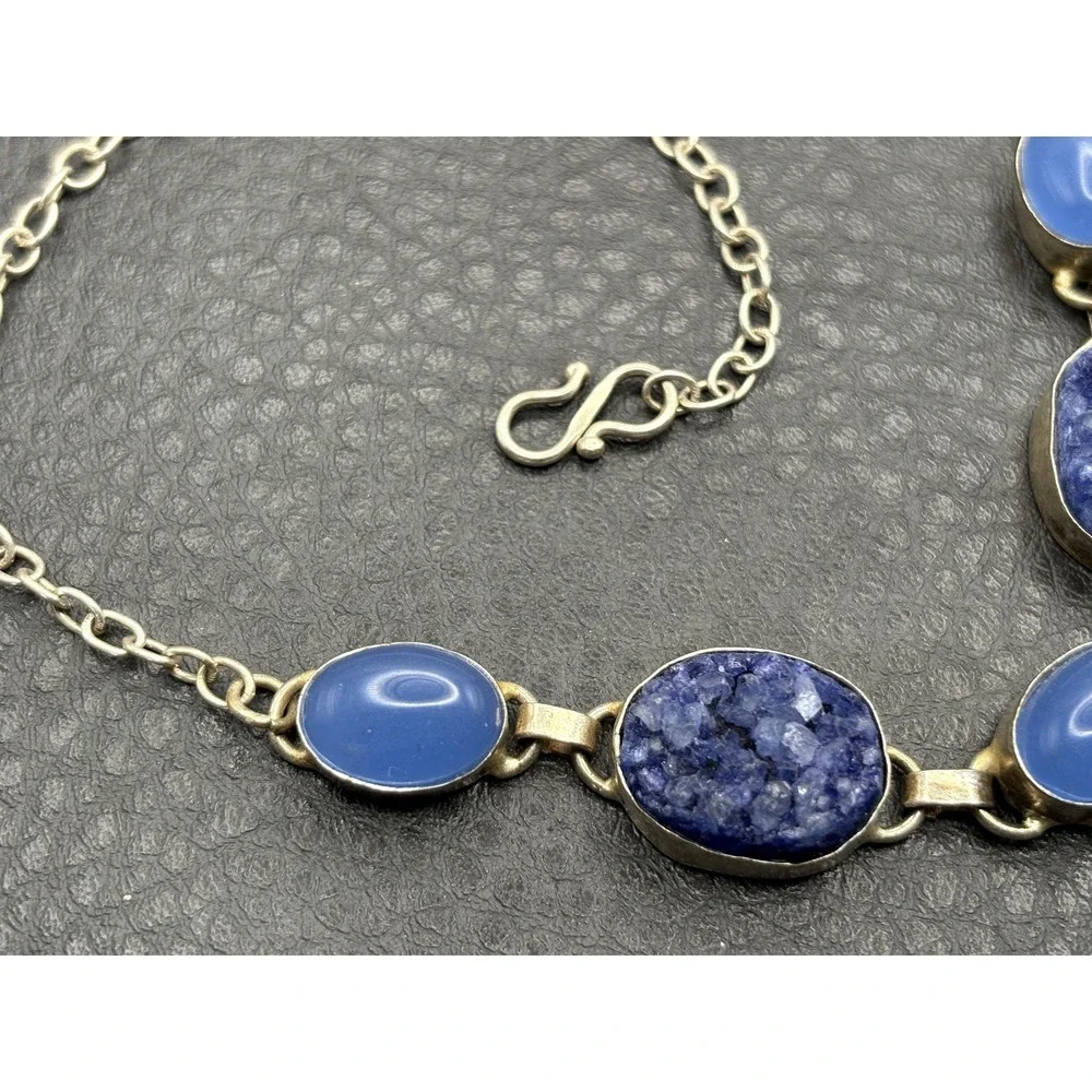 Ethnic Boho Style Silver Tone Faux Chalcedony Statement Necklace Pendant Drop